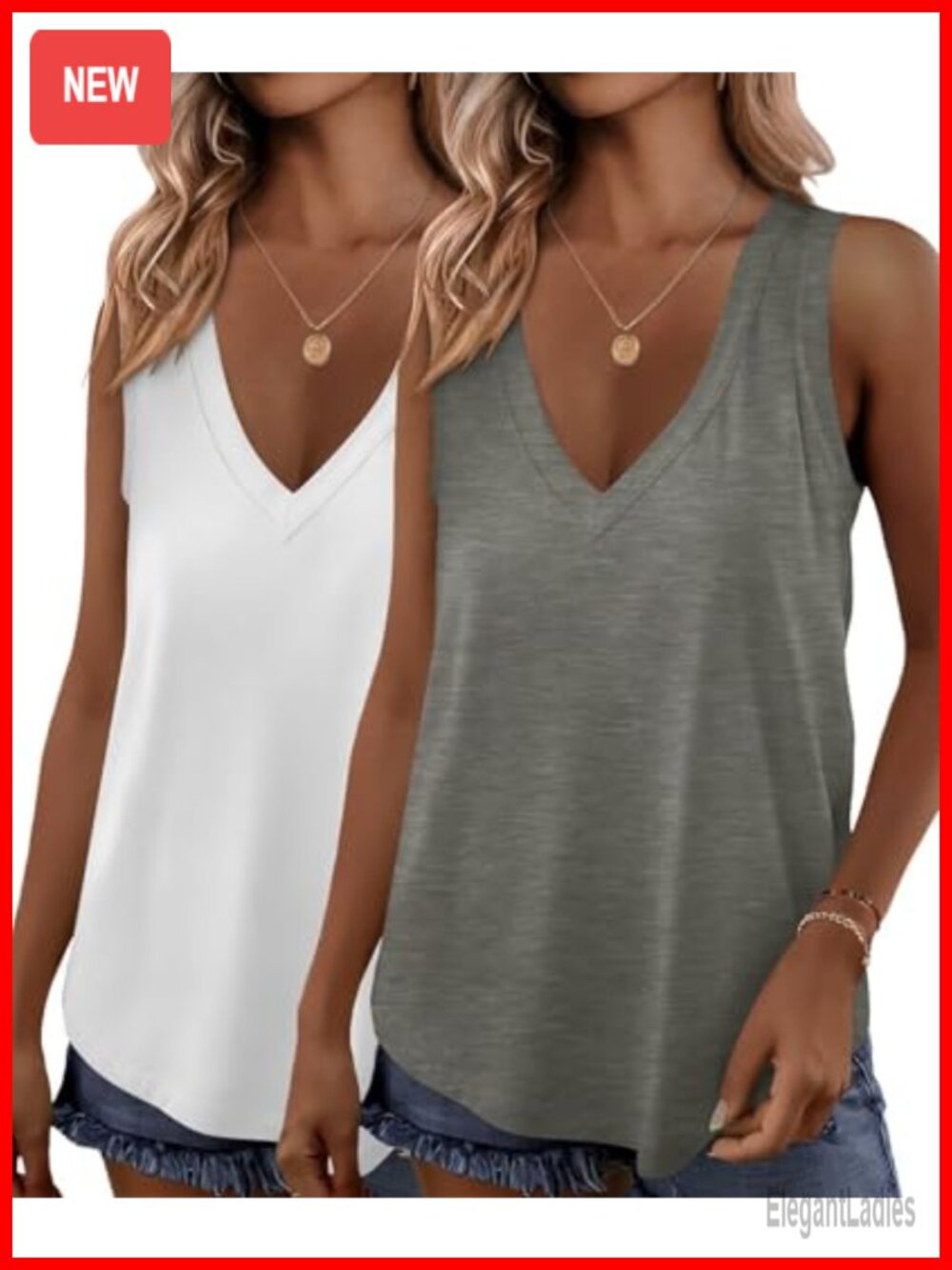 Women's 2 Pack V Neck Sleeveless Tank Tops Loose Fit Flowy Summer Shirts